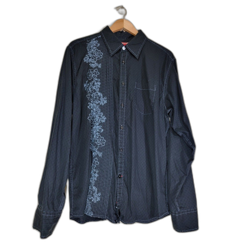 Guess Men's Black Embroidered Floral Long Sleeve Button Shirt - XL